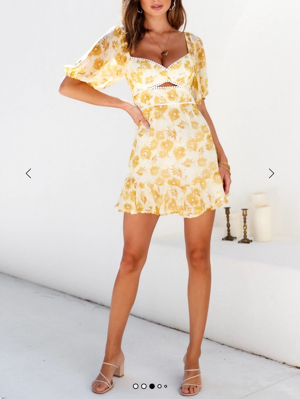 Hello Molly Yellow Floral Cutout Mini Dress with Puff Sleeves Medium